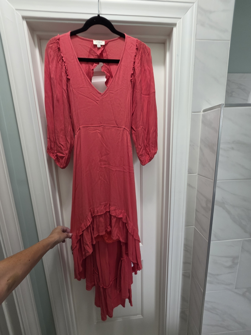 High-Low Ruffle Midi Dress in Coral Pink